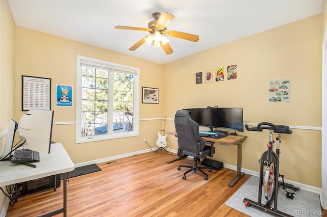 office with visible vents, ceiling fan, baseboards, and wood finished floors