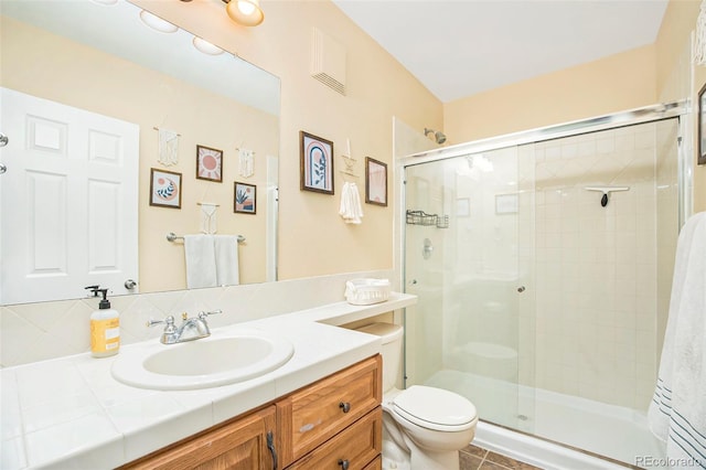 full bath with visible vents, a shower stall, toilet, and vanity