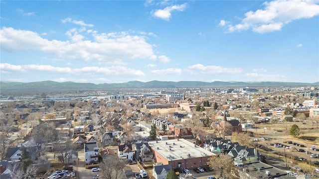 drone / aerial view featuring a mountain view