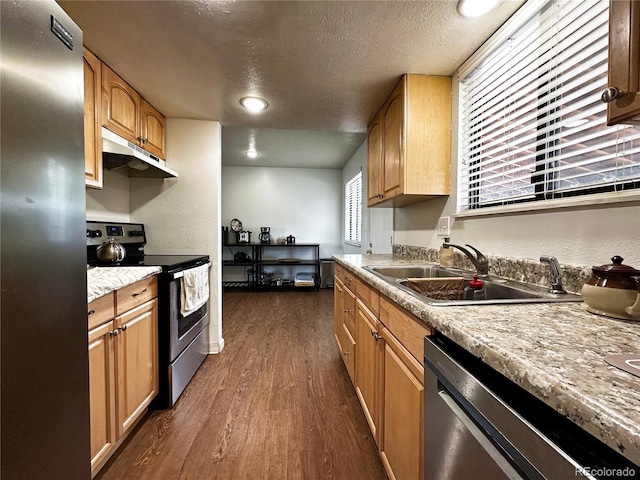 10753 Routt Ct, Broomfield, CO 80021 - kitchen with under cabinet range hood, stainless steel appliances, a sink, dark wood-type flooring, and a textured ceiling