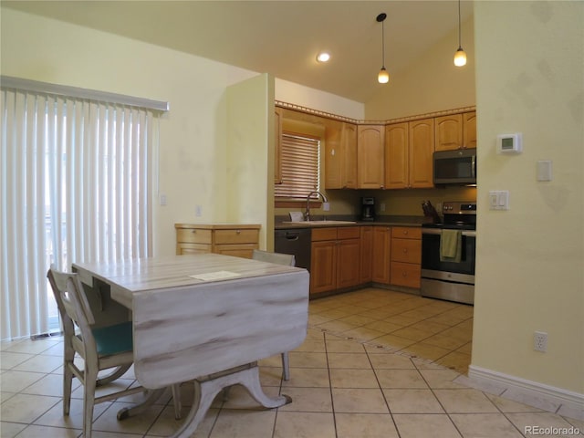 kitchen with lofted ceiling, light tile patterned floors, a sink, decorative light fixtures, and electric range