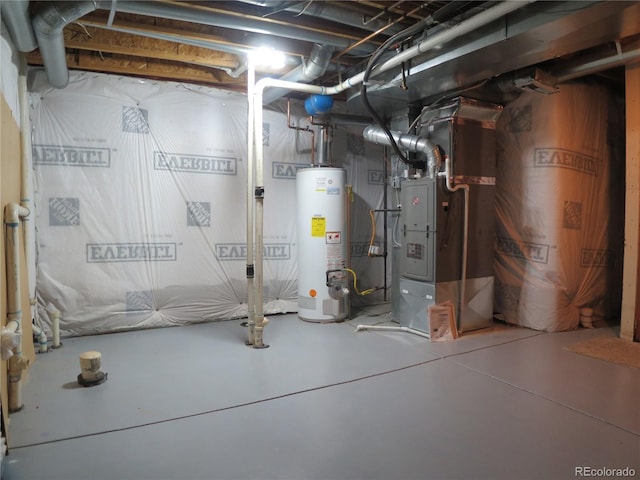 unfinished below grade area with heating unit and water heater