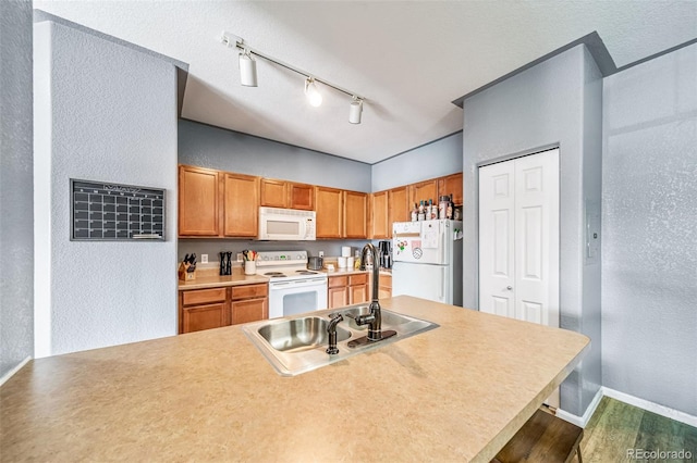 10787 Twenty Mile Rd Unit 205, Parker, CO 80134 - kitchen with white appliances, a sink, a textured wall, wood finished floors, and light countertops