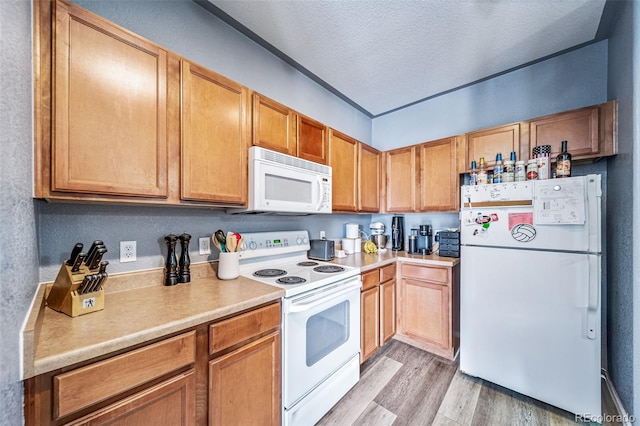 10787 Twenty Mile Rd Unit 205, Parker, CO 80134 - kitchen with white appliances, light wood-style floors, light countertops, and a textured ceiling