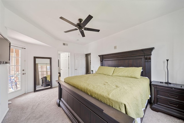 10787 Twenty Mile Rd Unit 205, Parker, CO 80134 - bedroom featuring light colored carpet, access to exterior, and a ceiling fan