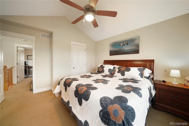 1544 Cottonwood Ave, Lafayette, CO 80026 - bedroom with visible vents, baseboards, lofted ceiling, light colored carpet, and ceiling fan