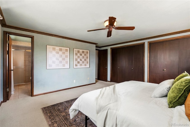 5503 W Colorado Ave, Lakewood, CO 80232 - bedroom featuring ornamental molding, multiple closets, light carpet, baseboards, and ensuite bathroom