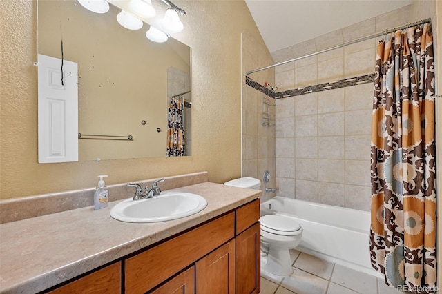 4386 W Deertrail Ct, Castle Rock, CO 80109 - bathroom featuring a textured wall, vanity, tile patterned flooring, and shower / bath combo