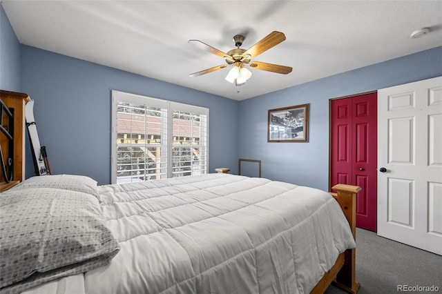 bedroom featuring ceiling fan, carpet floors, and a closet