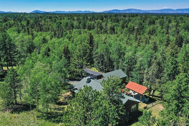 drone / aerial view featuring a wooded view and a mountain view