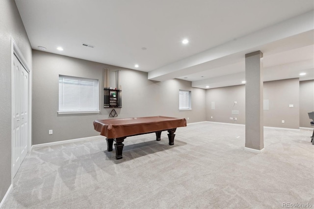 rec room with recessed lighting, light colored carpet, pool table, visible vents, and baseboards