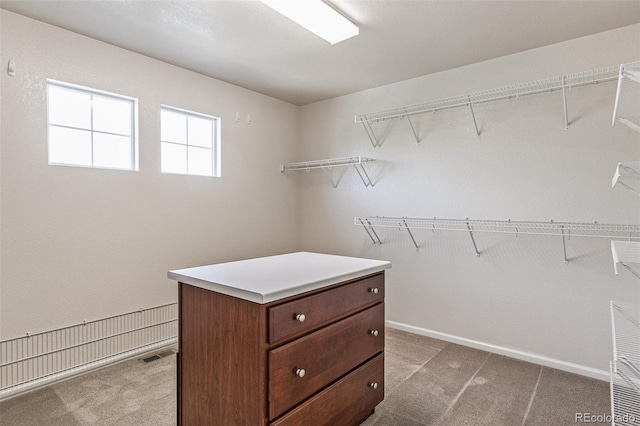 walk in closet with light carpet