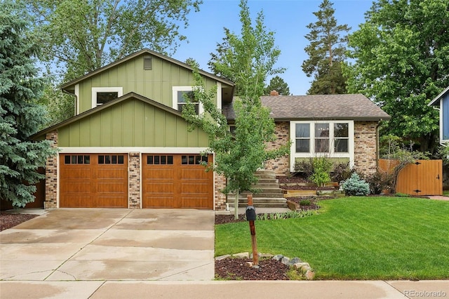 6248 E Mineral Pl, Centennial, CO 80112 - tri-level home featuring concrete driveway, a front yard, brick siding, an attached garage, and board and batten siding