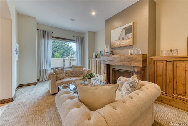 16713 W Archer Ave, Golden, CO 80401 - living room featuring a fireplace, baseboards, light colored carpet, and recessed lighting