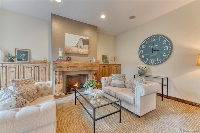 16713 W Archer Ave, Golden, CO 80401 - carpeted living area with a lit fireplace, baseboards, and recessed lighting