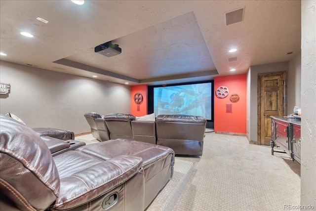 16713 W Archer Ave, Golden, CO 80401 - cinema with a raised ceiling, baseboards, light colored carpet, recessed lighting, and a textured wall