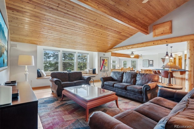 living room with ceiling fan, lofted ceiling with beams, hardwood / wood-style flooring, and wood ceiling