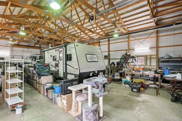 garage with a workshop area