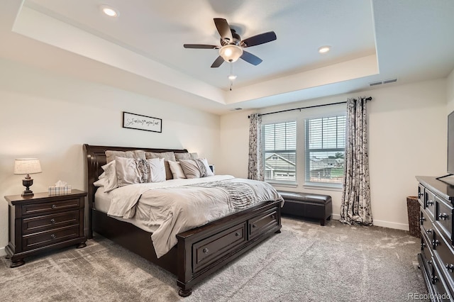 16043 Fillmore St, Thornton, CO 80602 - bedroom featuring a raised ceiling, carpet flooring, recessed lighting, and a ceiling fan
