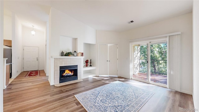 living room featuring a fireplace and wood-type flooring