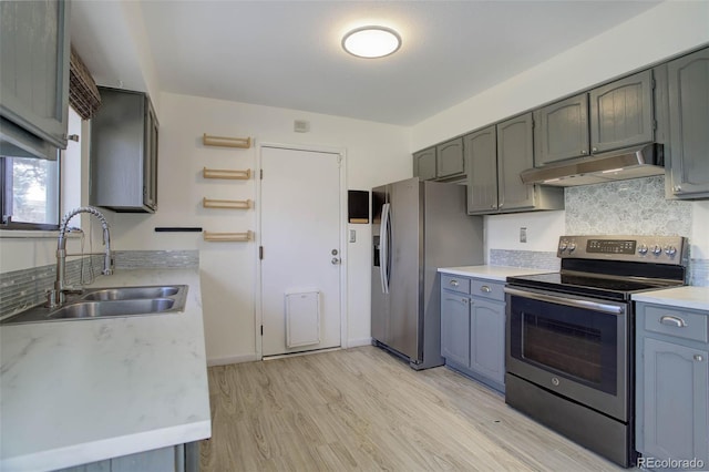 kitchen featuring tasteful backsplash, sink, light hardwood / wood-style floors, and appliances with stainless steel finishes