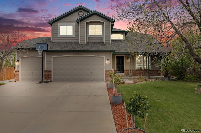 17522 E Dewberry Dr, Parker, CO 80134 - view of front of property featuring brick siding, concrete driveway, a lawn, an attached garage, and roof with shingles