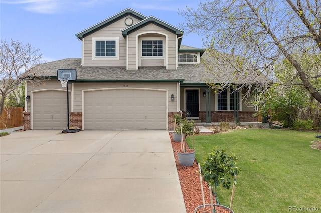 17522 E Dewberry Dr, Parker, CO 80134 - view of front facade with brick siding, concrete driveway, a front lawn, and roof with shingles