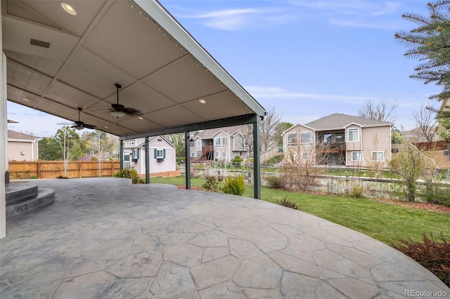 17522 E Dewberry Dr, Parker, CO 80134 - view of patio / terrace featuring a residential view, ceiling fan, an outdoor structure, and a storage unit