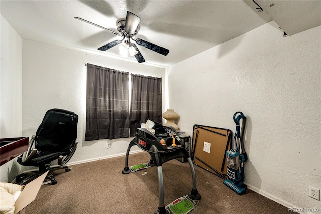 workout room featuring ceiling fan and carpet floors