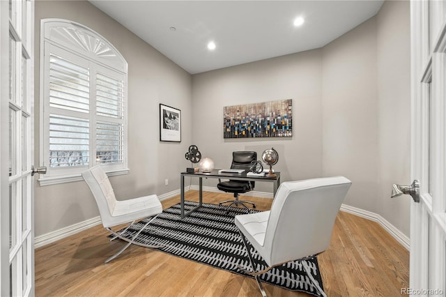 3485 Park Ridge Rd, Sedalia, CO 80135 - office featuring baseboards, light wood-style flooring, and recessed lighting
