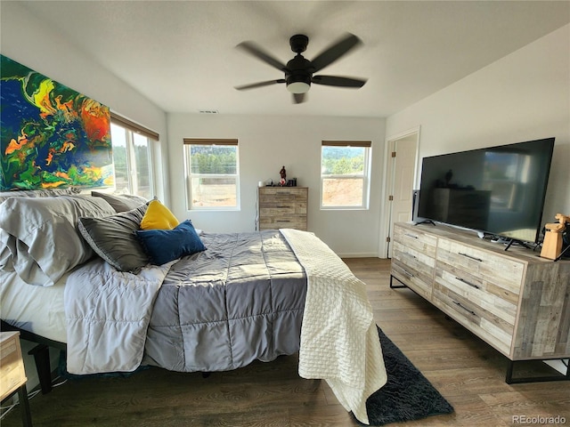 45 Saltlick Cir, Florissant, CO 80816 - bedroom featuring baseboards, visible vents, dark wood-type flooring, and ceiling fan