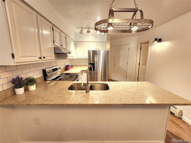 154 Fawn Ct, Silverthorne, CO 80443 - kitchen featuring appliances with stainless steel finishes, under cabinet range hood, a sink, a peninsula, and decorative backsplash