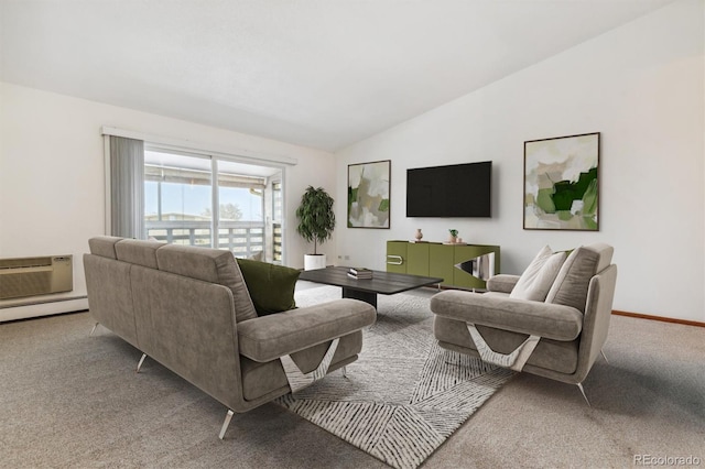 living room with baseboards, a wall unit AC, a baseboard radiator, vaulted ceiling, and carpet flooring