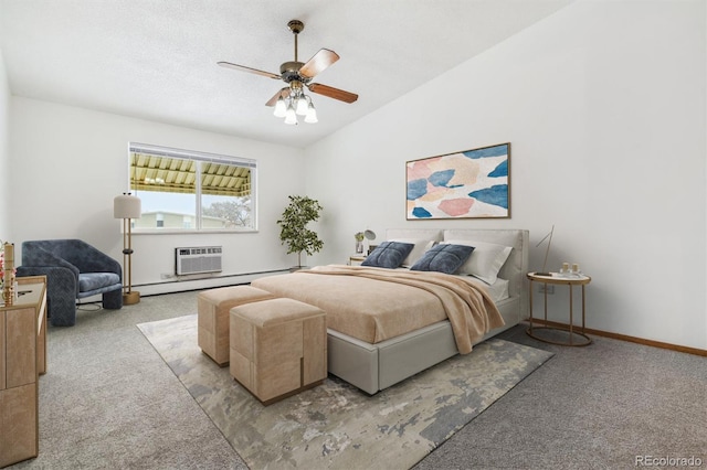 carpeted bedroom with a ceiling fan, vaulted ceiling, a textured ceiling, a wall mounted air conditioner, and baseboards