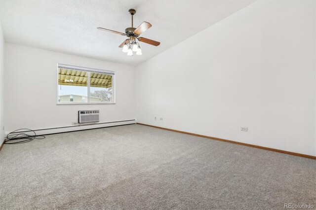 unfurnished room featuring a ceiling fan, lofted ceiling, a baseboard radiator, carpet, and a textured ceiling