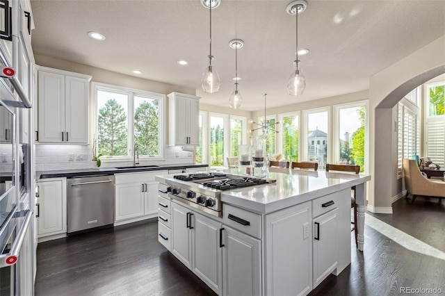 618 Fairchild Dr, Highlands Ranch, CO 80126 - kitchen featuring arched walkways, recessed lighting, appliances with stainless steel finishes, and a healthy amount of sunlight