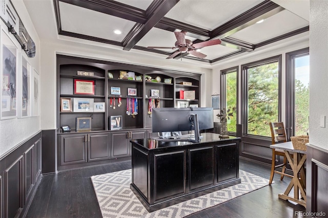 618 Fairchild Dr, Highlands Ranch, CO 80126 - office space with wainscoting, a ceiling fan, dark wood-type flooring, and beamed ceiling