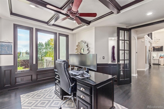618 Fairchild Dr, Highlands Ranch, CO 80126 - office with ceiling fan with notable chandelier, a wainscoted wall, dark wood-type flooring, and coffered ceiling