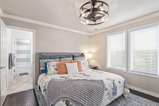 618 Fairchild Dr, Highlands Ranch, CO 80126 - bedroom with wood finished floors, visible vents, baseboards, and ornamental molding