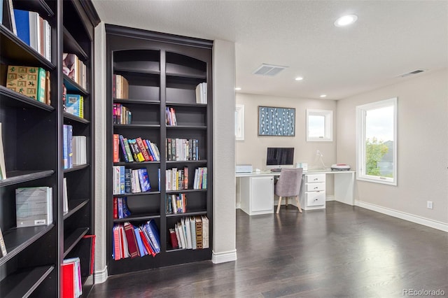 618 Fairchild Dr, Highlands Ranch, CO 80126 - office with baseboards, visible vents, and dark wood finished floors