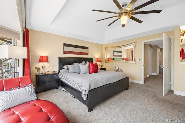 bedroom with light carpet and ceiling fan