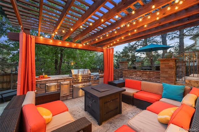 view of patio featuring area for grilling, a grill, a pergola, and outdoor lounge area