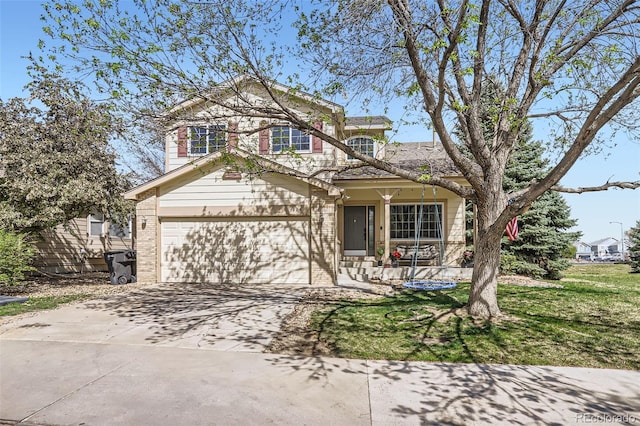 3805 E 106th Ave, Thornton, CO 80233 - traditional home featuring driveway, brick siding, an attached garage, a front yard, and a porch