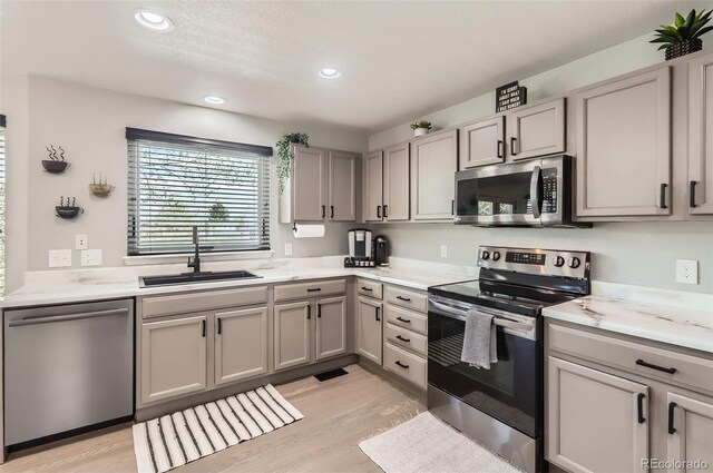 3805 E 106th Ave, Thornton, CO 80233 - kitchen featuring light wood-type flooring, appliances with stainless steel finishes, a sink, and gray cabinets