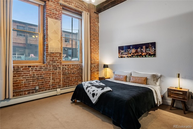 bedroom with baseboard heating, light carpet, brick wall, and beam ceiling