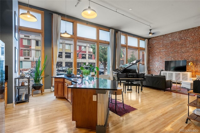 interior space featuring light wood-type flooring, track lighting, brick wall, ceiling fan, and sink