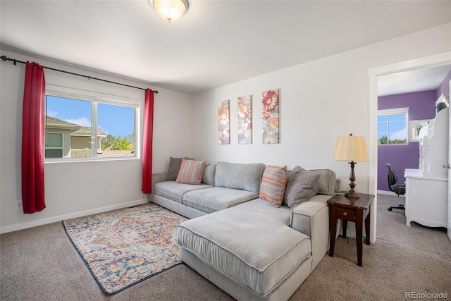 carpeted living room featuring plenty of natural light and baseboards