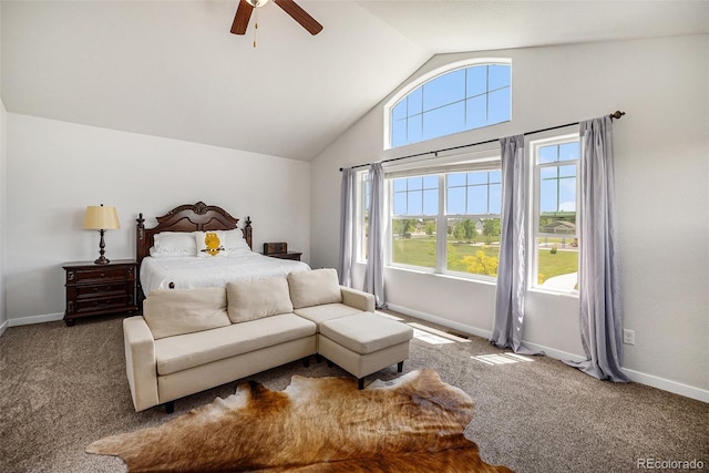 carpeted bedroom with vaulted ceiling, baseboards, and a ceiling fan
