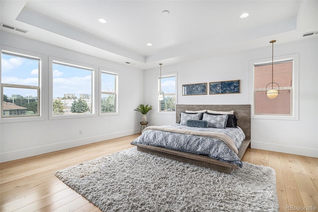 7033 E Lake Cir, Centennial, CO 80111 - bedroom featuring light wood finished floors, visible vents, baseboards, and a raised ceiling