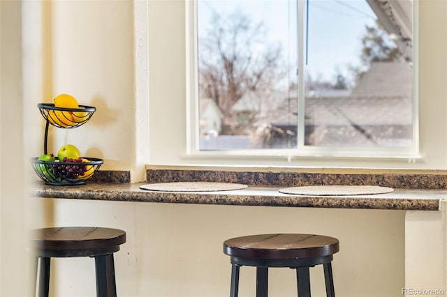 kitchen featuring dark countertops and a kitchen bar